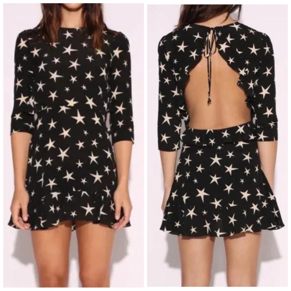 •K/LAB• Black / White Star Print Crepe Open Back Ruffle Mini‎ Dress Size S